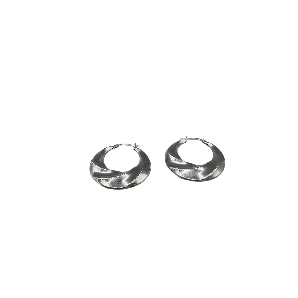 Sterling Silver 925 Twisted Puffed Hoop Earrings Ribbed Beaded Latch Back 1 Inch